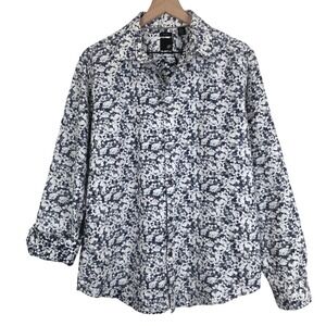 J.FERRAR Slim Fit Linen Blend Shirt Men's L Navy White Floral Button Up L/S EUC